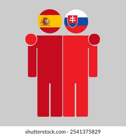 Flat illustration of two human figures with Spain and Slovakia flags as heads. Minimalistic design, isolated background.