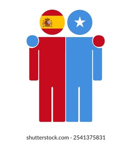 Flat illustration of two human figures with Spain and Somalia flags as heads. Minimalistic design, isolated background.