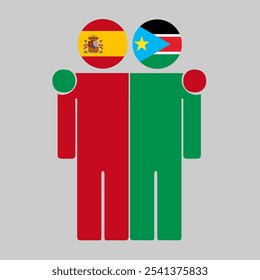 Flat illustration of two human figures with Spain and South Sudan flags as heads. Minimalistic design, isolated background.