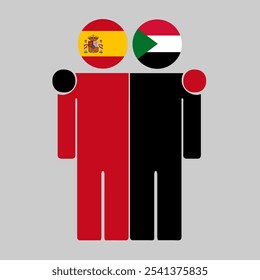 Flat illustration of two human figures with Spain and Sudan flags as heads. Minimalistic design, isolated background.