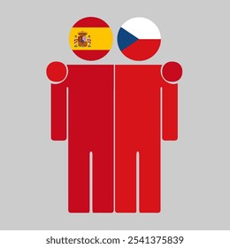 Flat illustration of two human figures with Spain and Czech Republic flags as heads. Minimalistic design, isolated background.