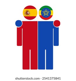 Flat illustration of two human figures with Spain and Ethiopia flags as heads. Minimalistic design, isolated background.