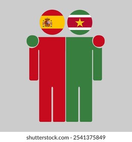 Flat illustration of two human figures with Spain and Suriname flags as heads. Minimalistic design, isolated background.