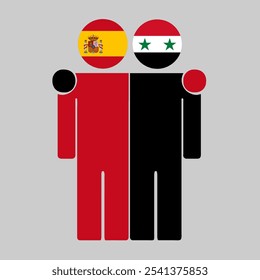 Ilustração plana de duas figuras humanas com a Espanha e a Síria bandeiras como cabeças. Design minimalista, fundo isolado.