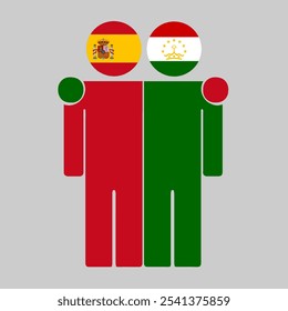 Flat illustration of two human figures with Spain and Tajikistan flags as heads. Minimalistic design, isolated background.