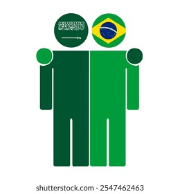 Flat illustration of two human figures with Saudi Arabia and Brazil flags as heads. Minimalistic design, isolated background.