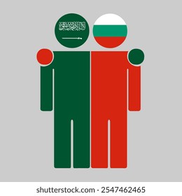 Flat illustration of two human figures with Saudi Arabia and Bulgaria flags as heads. Minimalistic design, isolated background.