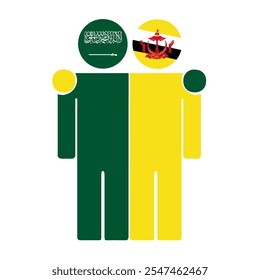 Flat illustration of two human figures with Saudi Arabia and Brunei Darussalam flags as heads. Minimalistic design, isolated background.