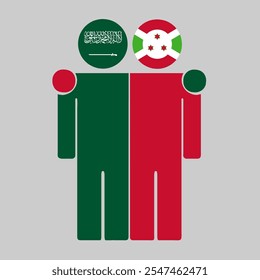 Flat illustration of two human figures with Saudi Arabia and Burundi flags as heads. Minimalistic design, isolated background.