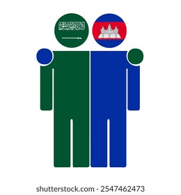 Flat illustration of two human figures with Saudi Arabia and Cambodia flags as heads. Minimalistic design, isolated background.