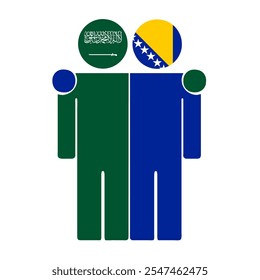 Flat illustration of two human figures with Saudi Arabia, Bosnia and Herzegovina flags as heads. Minimalistic design, isolated background.