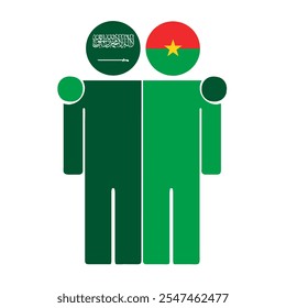 Flat illustration of two human figures with Saudi Arabia and Burkina Faso flags as heads. Minimalistic design, isolated background.