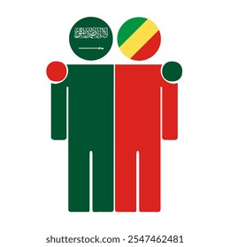 Flat illustration of two human figures with Saudi Arabia and Republic of the Congo flags as heads. Minimalistic design, isolated background.