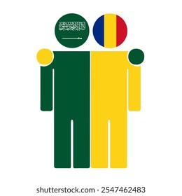 Flat illustration of two human figures with Saudi Arabia and Romania flags as heads. Minimalistic design, isolated background.