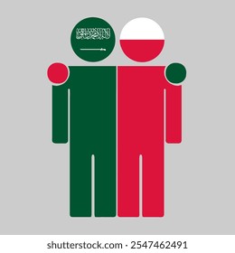 Ilustração plana de duas figuras humanas com a Arábia Saudita e a Polônia bandeiras como cabeças. Design minimalista, fundo isolado.