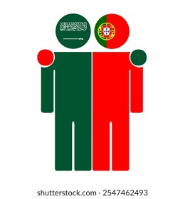 Flat illustration of two human figures with Saudi Arabia and Portugal flags as heads. Minimalistic design, isolated background.