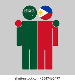 Ilustração plana de duas figuras humanas com as bandeiras da Arábia Saudita e das Filipinas como cabeças. Design minimalista, fundo isolado.