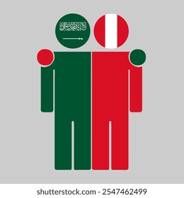 Flat illustration of two human figures with Saudi Arabia and Peru flags as heads. Minimalistic design, isolated background.