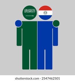 Ilustração plana de duas figuras humanas com as bandeiras da Arábia Saudita e do Paraguai como cabeças. Design minimalista, fundo isolado.