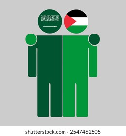 Flat illustration of two human figures with Saudi Arabia and Palestine flags as heads. Minimalistic design, isolated background.