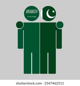 Flat illustration of two human figures with Saudi Arabia and Pakistan flags as heads. Minimalistic design, isolated background.