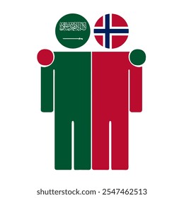 Ilustración plana de dos figuras humanas con banderas de Arabia Saudita y Noruega como cabezas. Diseño minimalista, fondo aislado.