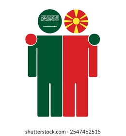 Flat illustration of two human figures with Saudi Arabia and North Macedonia flags as heads. Minimalistic design, isolated background.