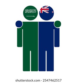 Flat illustration of two human figures with Saudi Arabia and New Zealand flags as heads. Minimalistic design, isolated background.