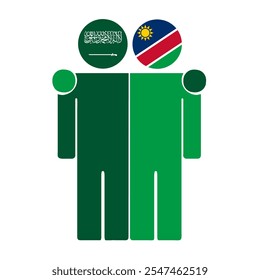 Flat illustration of two human figures with Saudi Arabia and Namibia flags as heads. Minimalistic design, isolated background.