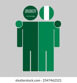 Flat illustration of two human figures with Saudi Arabia and Nigeria flags as heads. Minimalistic design, isolated background.