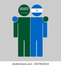 Flat illustration of two human figures with Saudi Arabia and Nicaragua flags as heads. Minimalistic design, isolated background.