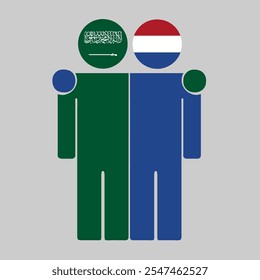 Flat illustration of two human figures with Saudi Arabia and Netherlands flags as heads. Minimalistic design, isolated background.