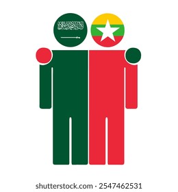 Flat illustration of two human figures with Saudi Arabia and Myanmar flags as heads. Minimalistic design, isolated background.