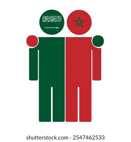 Flat illustration of two human figures with Saudi Arabia and Morocco flags as heads. Minimalistic design, isolated background.