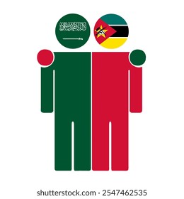 Flat illustration of two human figures with Saudi Arabia and Mozambique flags as heads. Minimalistic design, isolated background.