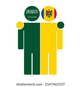 Flat illustration of two human figures with Saudi Arabia and Moldova flags as heads. Minimalistic design, isolated background.