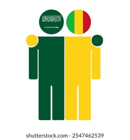 Flat illustration of two human figures with Saudi Arabia and Mali flags as heads. Minimalistic design, isolated background.