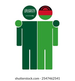 Flat illustration of two human figures with Saudi Arabia and Malawi flags as heads. Minimalistic design, isolated background.