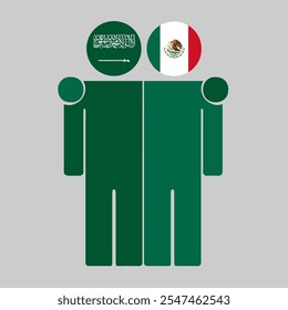 Flat illustration of two human figures with Saudi Arabia and Mexico flags as heads. Minimalistic design, isolated background.