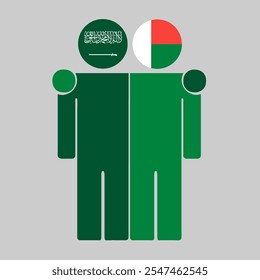 Flat illustration of two human figures with Saudi Arabia and Madagascar flags as heads. Minimalistic design, isolated background.