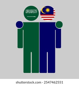 Flat illustration of two human figures with Saudi Arabia and Malaysia flags as heads. Minimalistic design, isolated background.