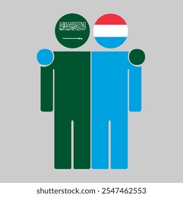 Flat illustration of two human figures with Saudi Arabia and Luxembourg flags as heads. Minimalistic design, isolated background.