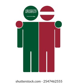 Flat illustration of two human figures with Saudi Arabia and Latvia flags as heads. Minimalistic design, isolated background.