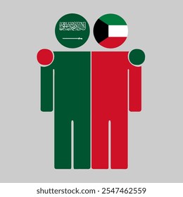 Flat illustration of two human figures with Saudi Arabia and Kuwait flags as heads. Minimalistic design, isolated background.