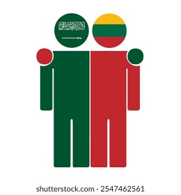 Flat illustration of two human figures with Saudi Arabia and Lithuania flags as heads. Minimalistic design, isolated background.