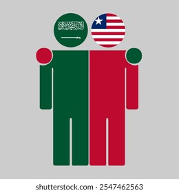 Flat illustration of two human figures with Saudi Arabia and Liberia flags as heads. Minimalistic design, isolated background.