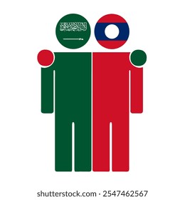 Flat illustration of two human figures with Saudi Arabia and Laos flags as heads. Minimalistic design, isolated background.