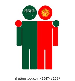 Flat illustration of two human figures with Saudi Arabia and Kyrgyzstan flags as heads. Minimalistic design, isolated background.