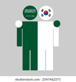 Flat illustration of two human figures with Saudi Arabia and South Korea flags as heads. Minimalistic design, isolated background.