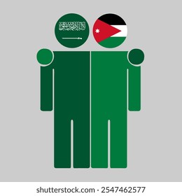 Flat illustration of two human figures with Saudi Arabia and Jordan flags as heads. Minimalistic design, isolated background.